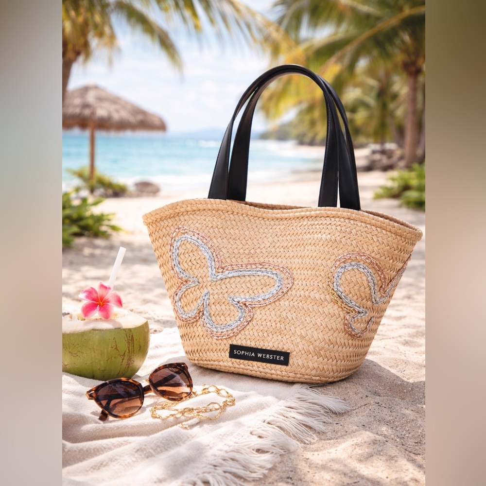NWT Sophia Webster Taya Raffia Tote Mixed Metallic Butterfly & Black Leather - Picture 4 of 16